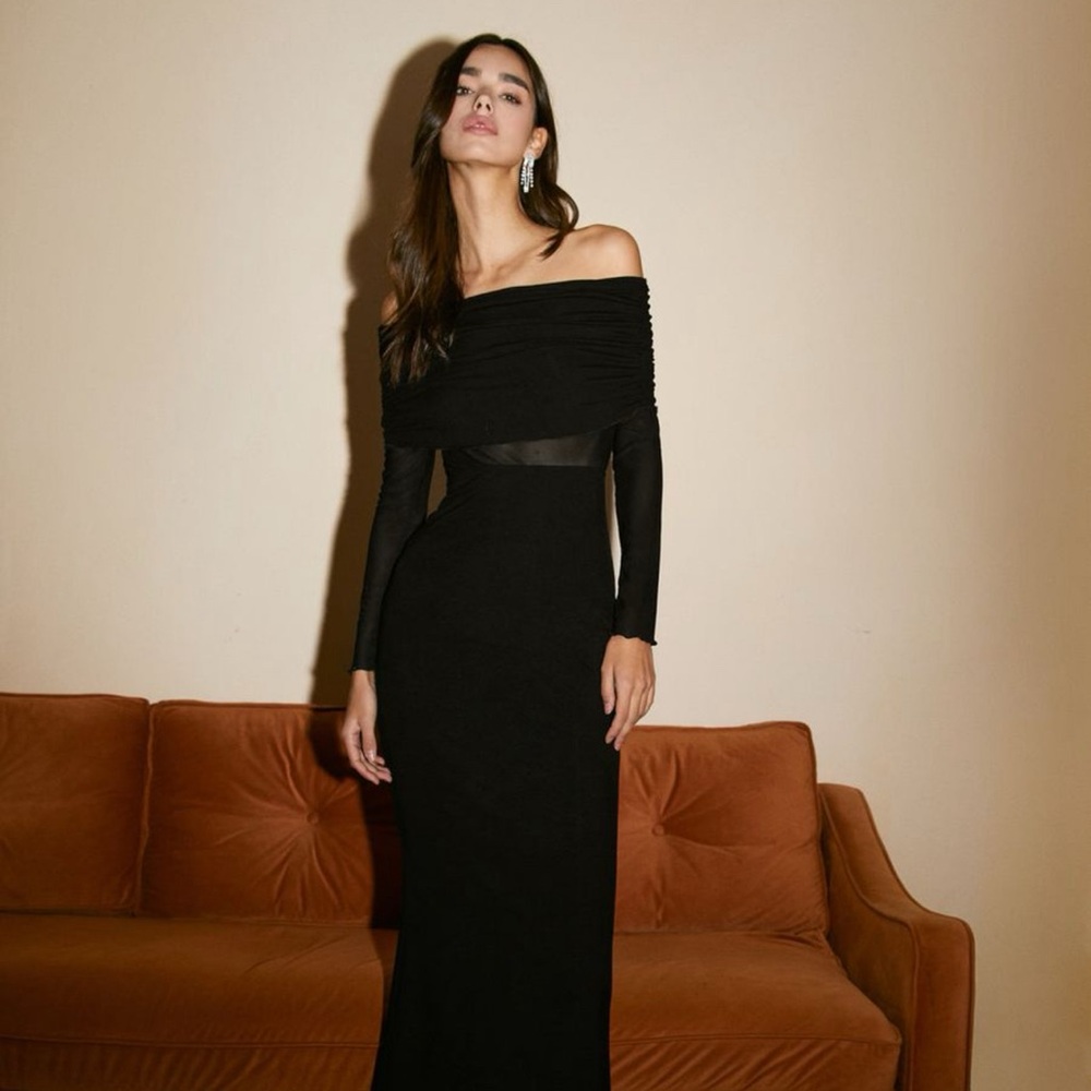 Commense Off Shoulder Mesh Long Sleeve Dress